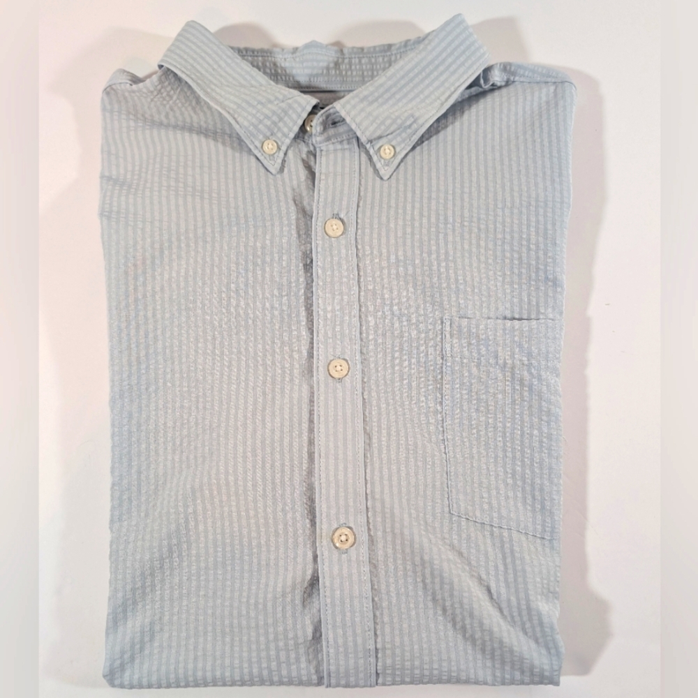 Men's Perry Ellis Stretch Shirt Short Sleeve XXL Seersucker Soft Blue